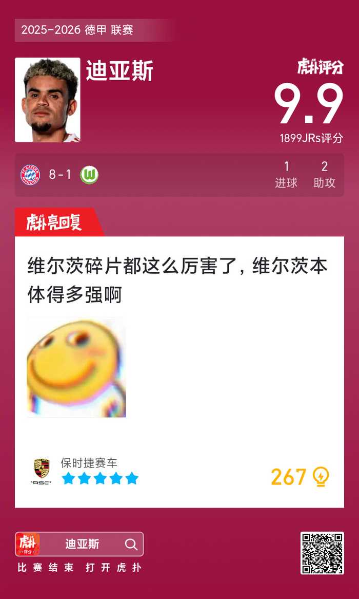 拜仁8比1狂胜狼堡，迪亚斯1球2助获评9.9分